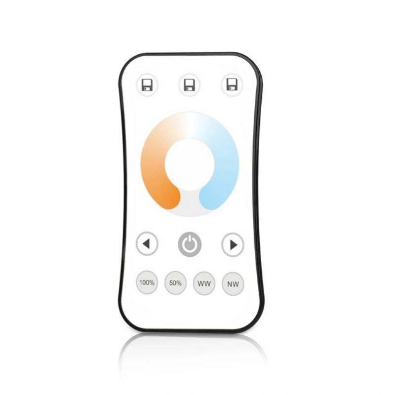 Controle remoto dimerizável CCT R7-1 com botões e tecnologia touch integrados.