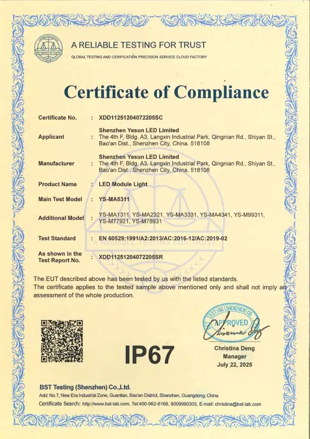 IP67 certificate