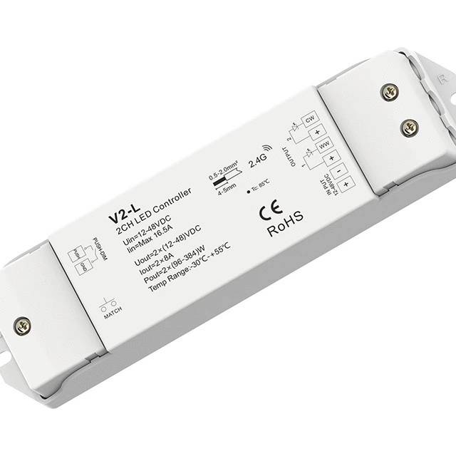 V2-L 12-48V 大功率色温 LED 控制器,带 2 通道 8A/通道射频和按键调光控制 V2-L 12-48V 大功率色温 LED 控制器,带 2 通道 8A/通道射频和按键调光控制