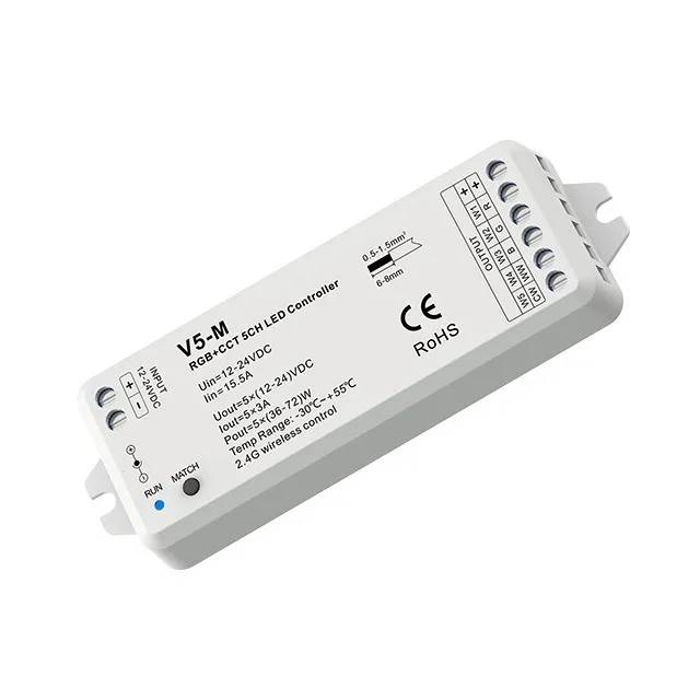 V5-M 12-24V 5-Channel RGB+CCT LED Controller with RF and DC Socket Input V5-M 12-24V 5-Channel RGB+CCT LED Controller with RF and DC Socket Input