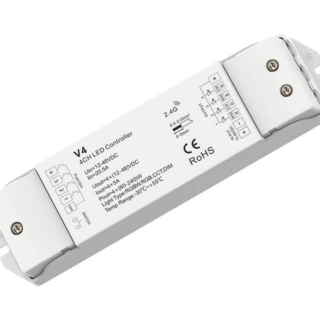 V4 12-48V 4-Channel RGBW LED Controller with RF, Push-Dim and 4096-Level Dimming V4 12-48V 4-Channel RGBW LED Controller with RF, Push-Dim and 4096-Level Dimming