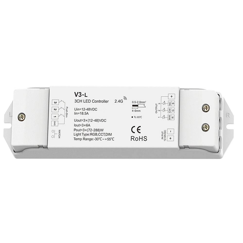 V3-L 12V-48V Wide-Voltage 3-Channel RGB LED Controller with Push-Dim V3-L 12V-48V Wide-Voltage 3-Channel RGB LED Controller with Push-Dim